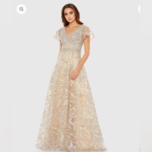 Mac Duggal Beige Embellished Illusion Butterfly Sleeve A-Line Gown
